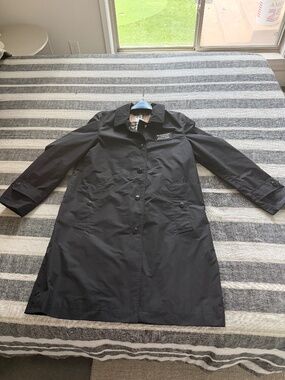 Burberry Black Hooded Lightweight Coat Check Lined Logo Jacket US 2